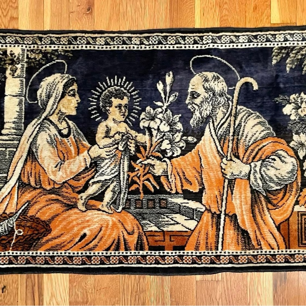 Vintage Mid Century Italian Holy Family Mary, Jesus, Joseph Velvet Tapestry